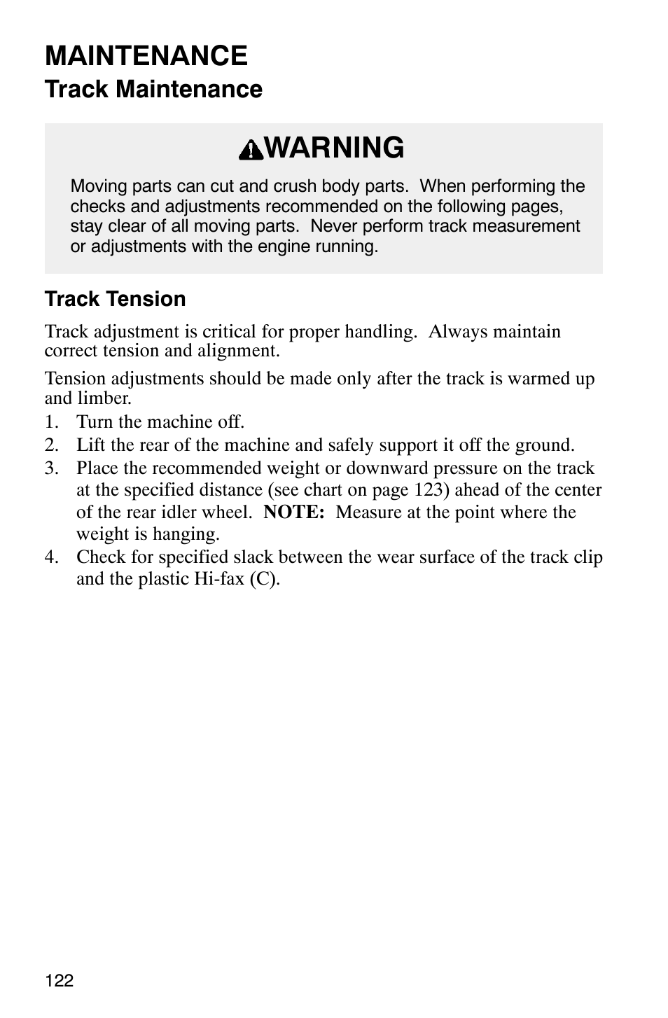 Warning, Maintenance, Track maintenance | Polaris 340 Edge User Manual | Page 124 / 155