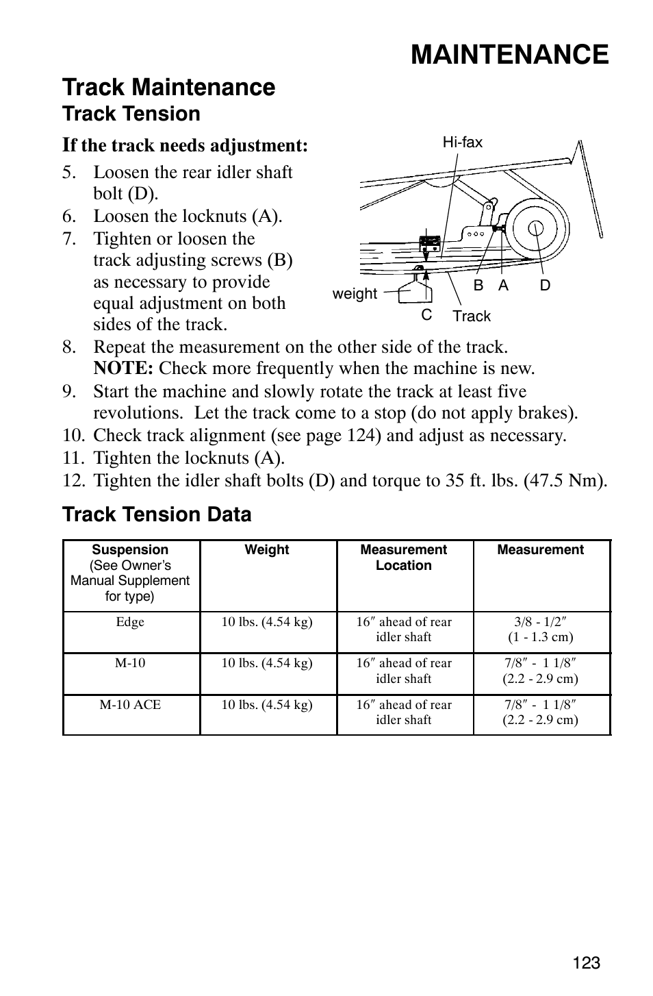 Maintenance, Track maintenance, Track tension i | Track tension data | Polaris 340 Edge User Manual | Page 125 / 155