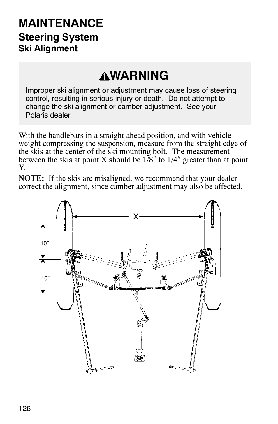 Warning, Maintenance, Steering system | Polaris 340 Edge User Manual | Page 128 / 155