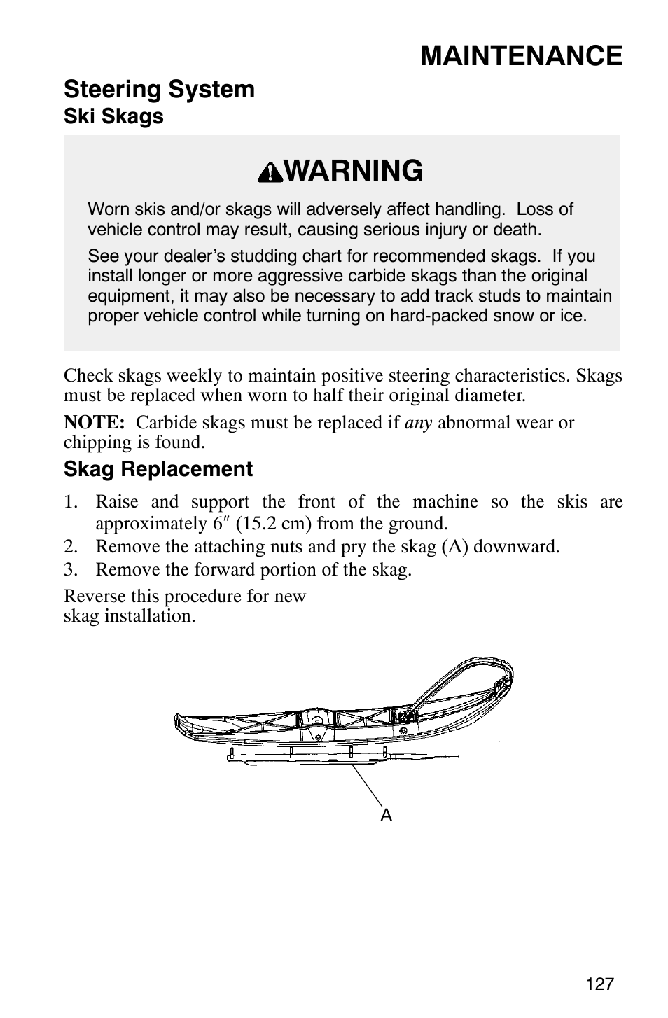 Warning, Maintenance, Steering system | Polaris 340 Edge User Manual | Page 129 / 155