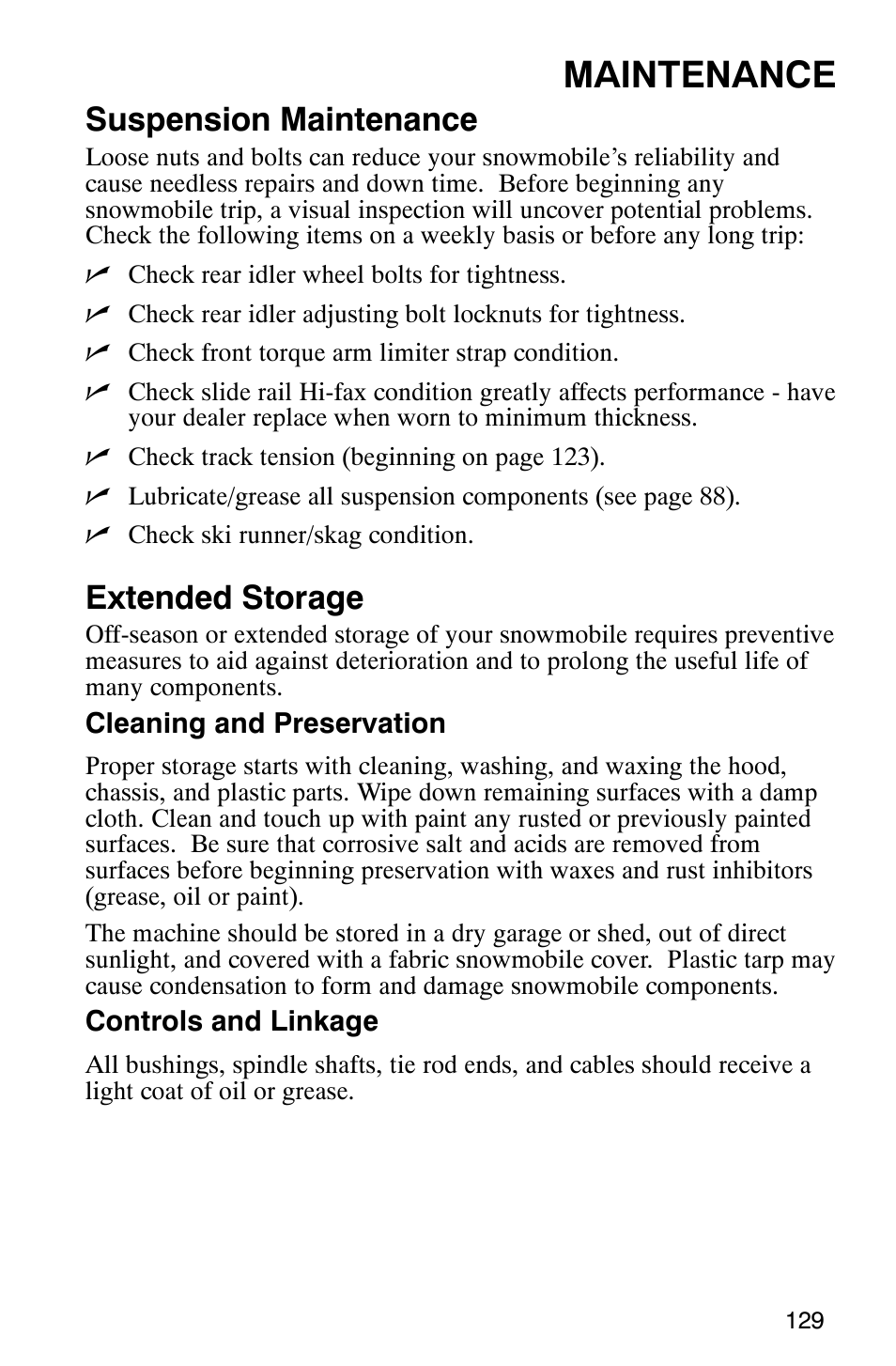 Maintenance, Suspension maintenance, Extended storage | Polaris 340 Edge User Manual | Page 131 / 155