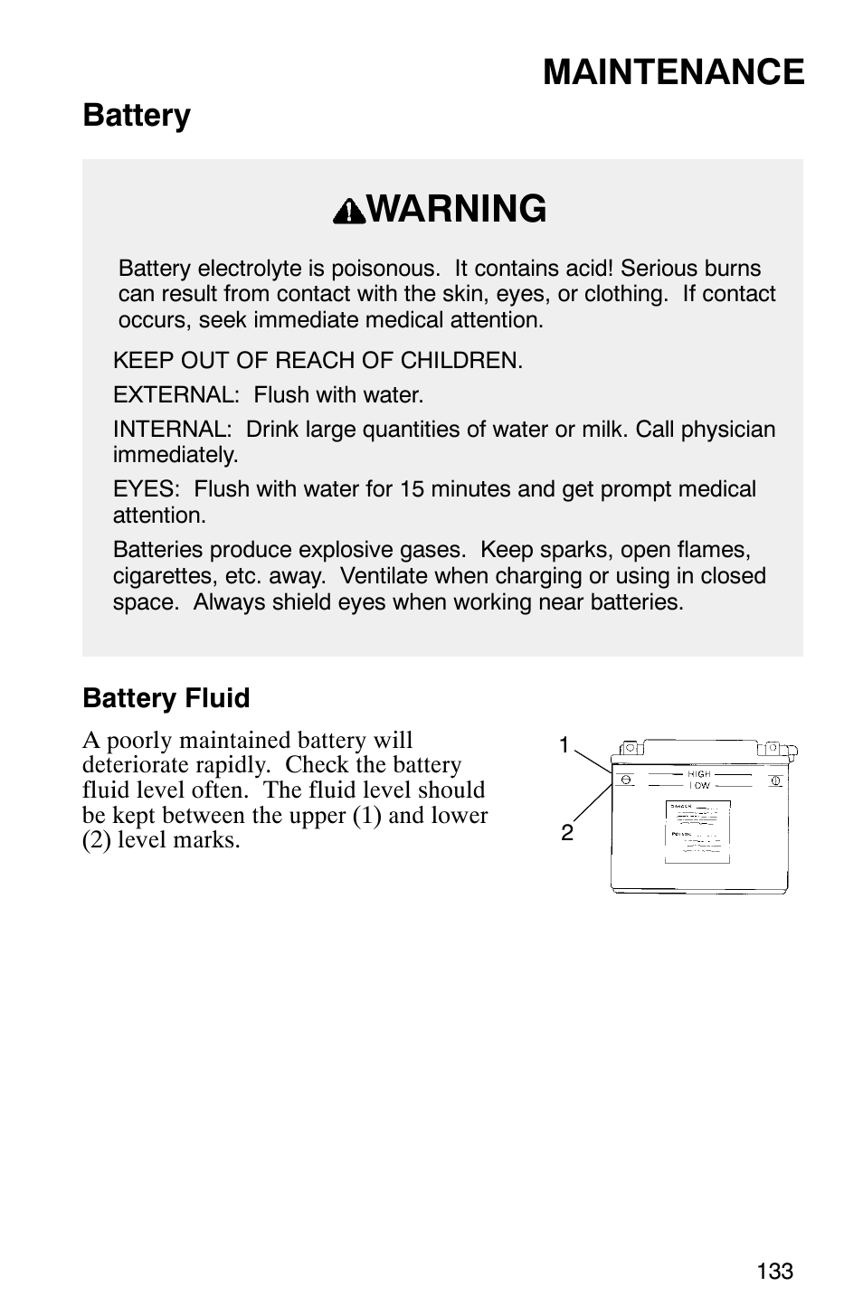 Warning, Maintenance, Battery | Polaris 340 Edge User Manual | Page 135 / 155