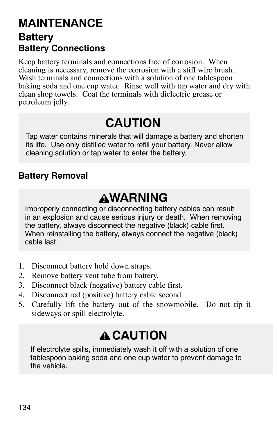 Caution, Warning, Maintenance | Battery | Polaris 340 Edge User Manual | Page 136 / 155