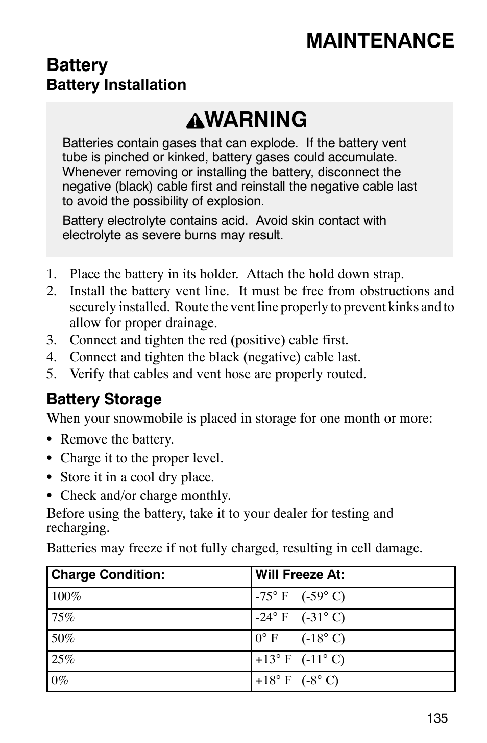 Warning, Maintenance, Battery | Polaris 340 Edge User Manual | Page 137 / 155