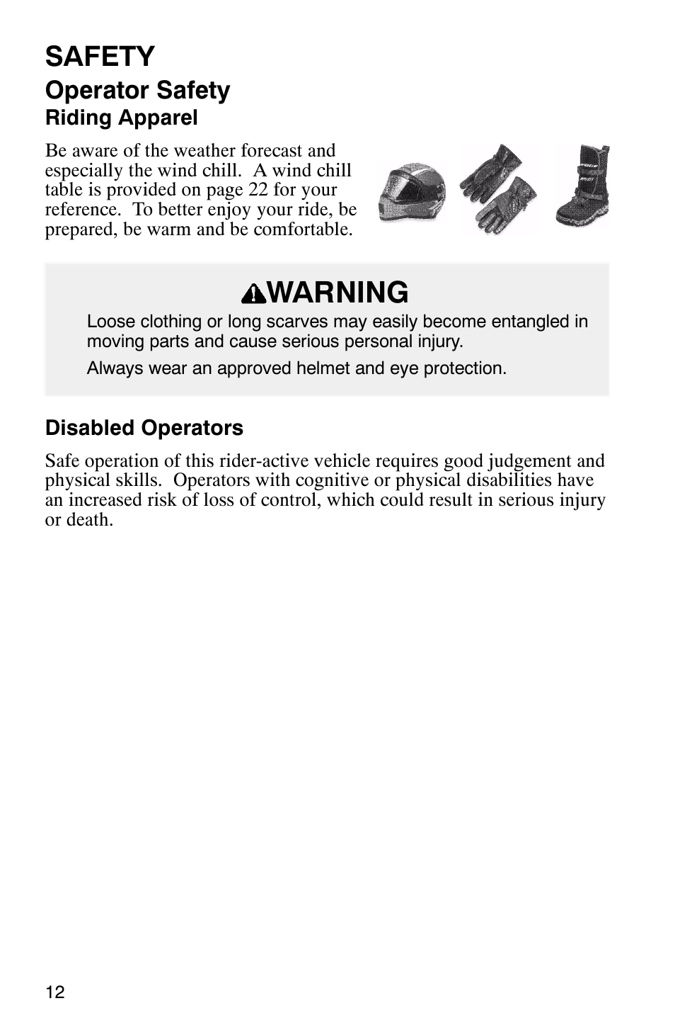 Warning, Safety, Operator safety | Polaris 340 Edge User Manual | Page 14 / 155