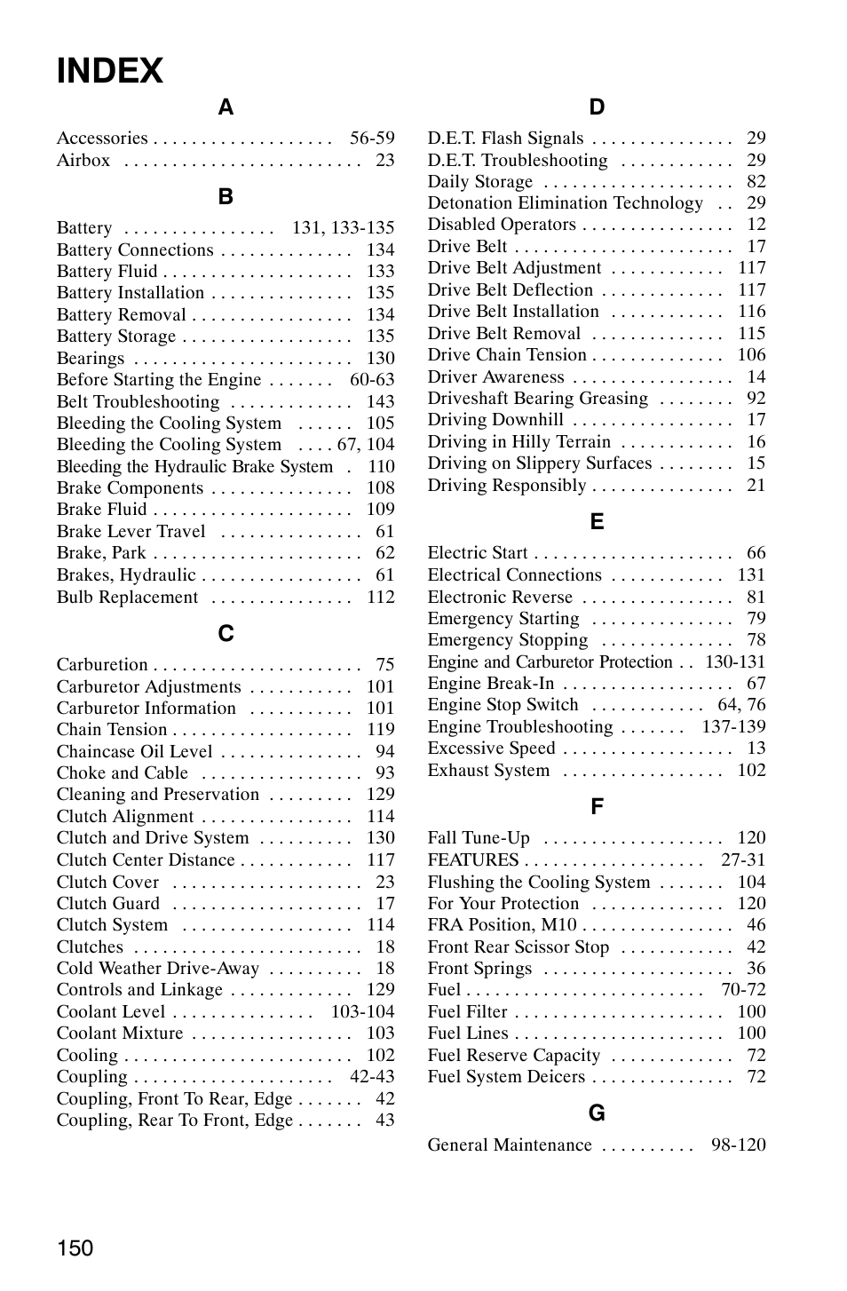 Index | Polaris 340 Edge User Manual | Page 152 / 155