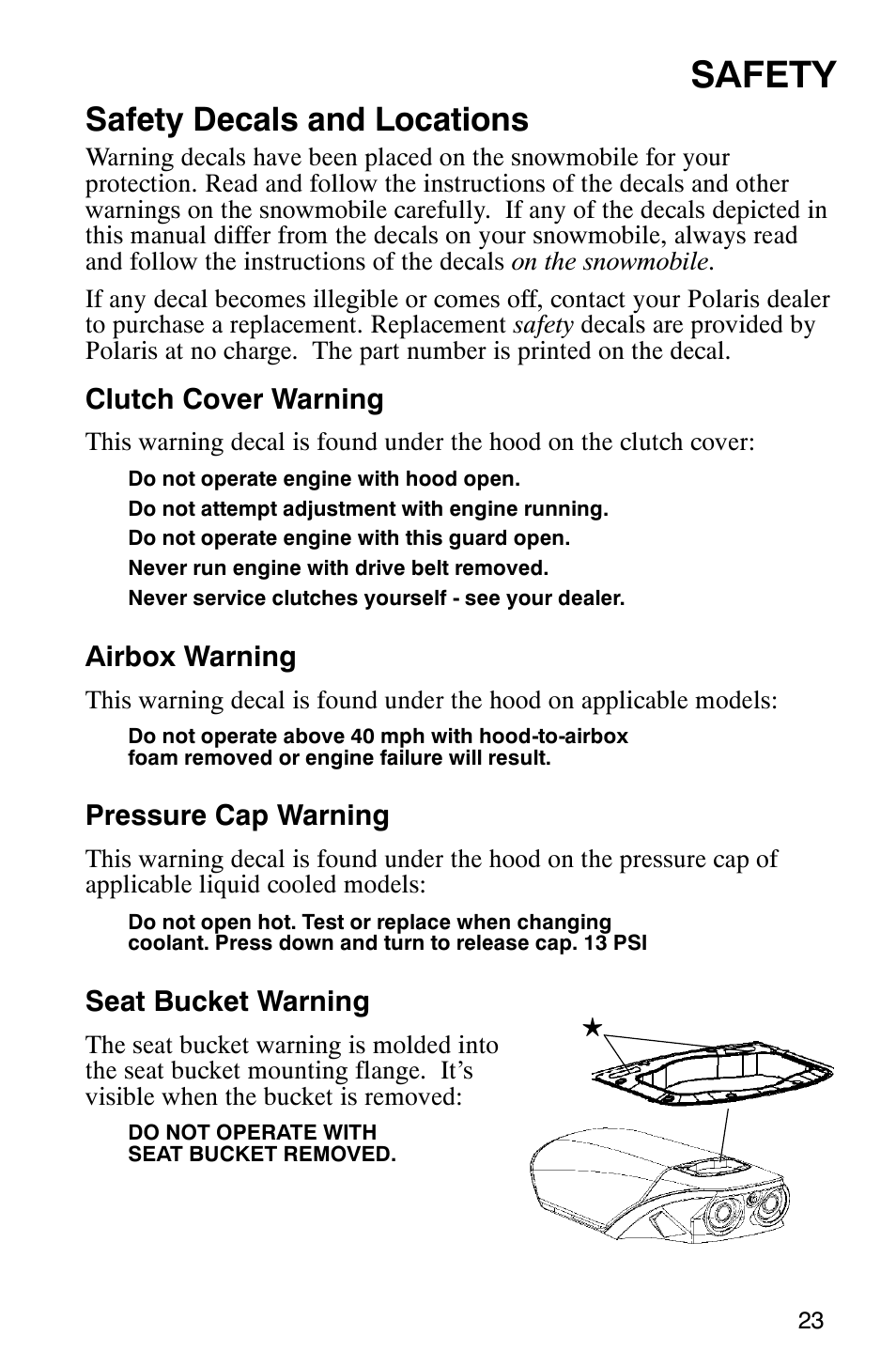 Safety, Safety decals and locations | Polaris 340 Edge User Manual | Page 25 / 155