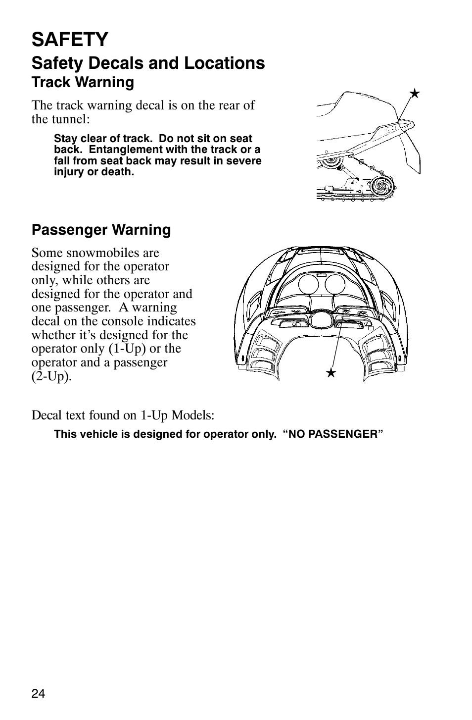 Safety, Safety decals and locations | Polaris 340 Edge User Manual | Page 26 / 155