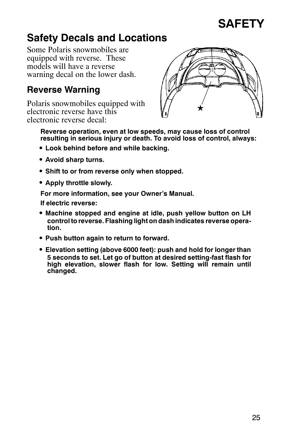 Safety, Safety decals and locations, Reverse warning | Polaris 340 Edge User Manual | Page 27 / 155