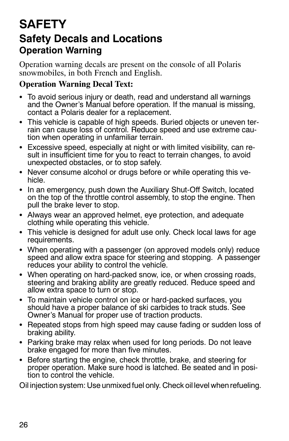 Safety, Safety decals and locations, Operation warning | Polaris 340 Edge User Manual | Page 28 / 155