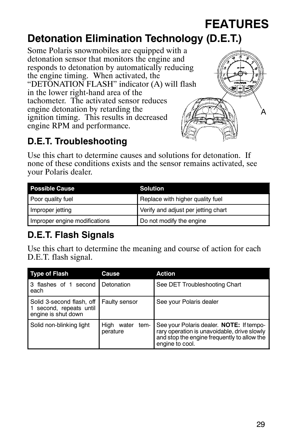 Features, Detonation elimination technology (d.e.t.), D.e.t. troubleshooting | D.e.t. flash signals | Polaris 340 Edge User Manual | Page 31 / 155