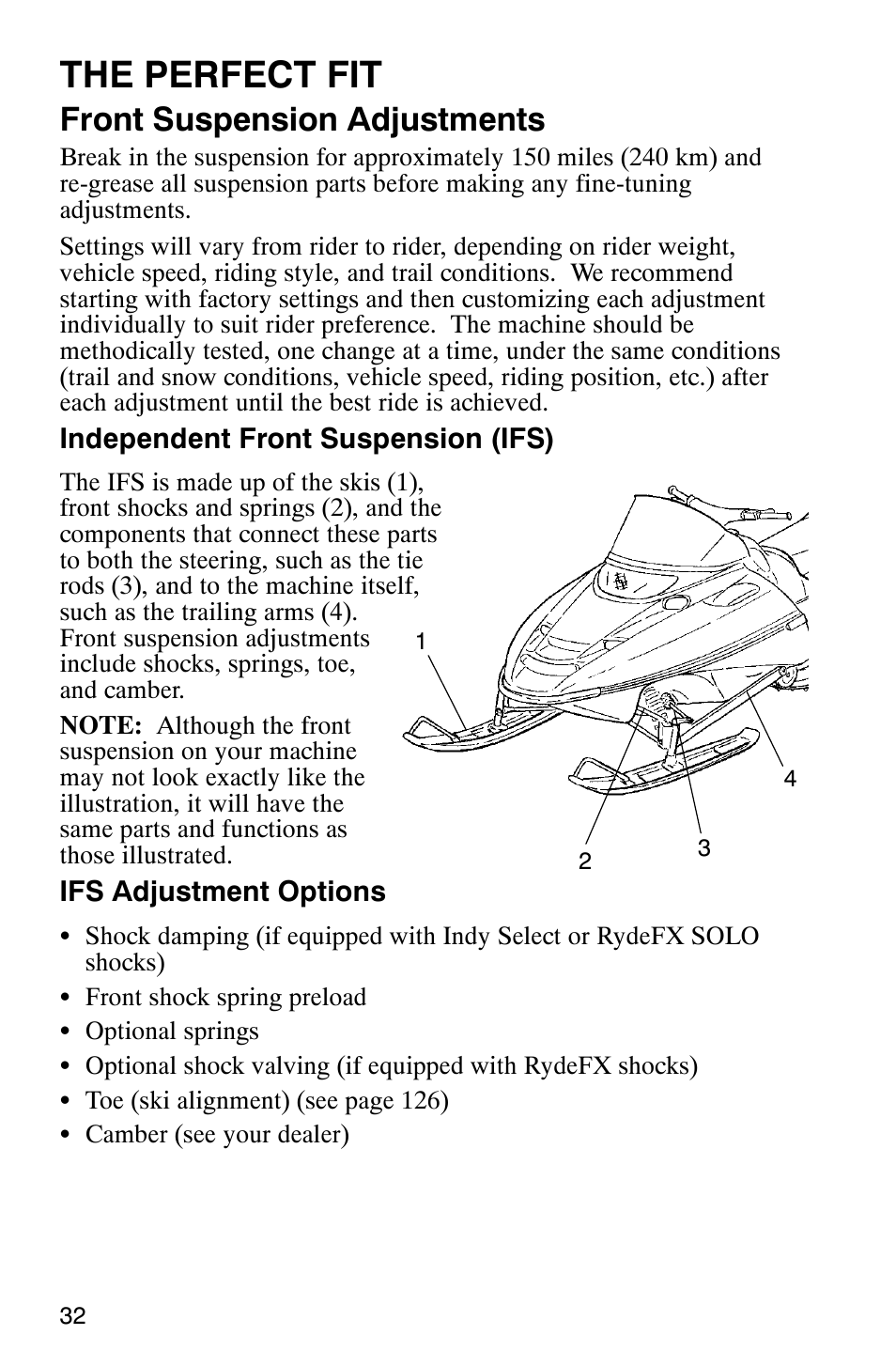 The perfect fit, Front suspension adjustments | Polaris 340 Edge User Manual | Page 34 / 155