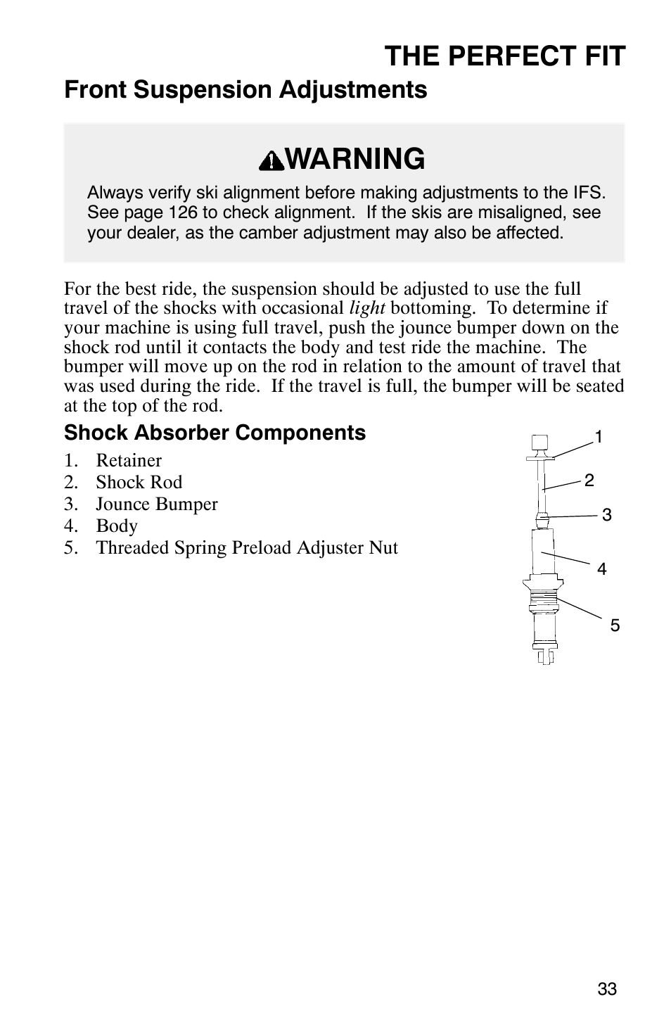 Warning, The perfect fit, Front suspension adjustments | Polaris 340 Edge User Manual | Page 35 / 155