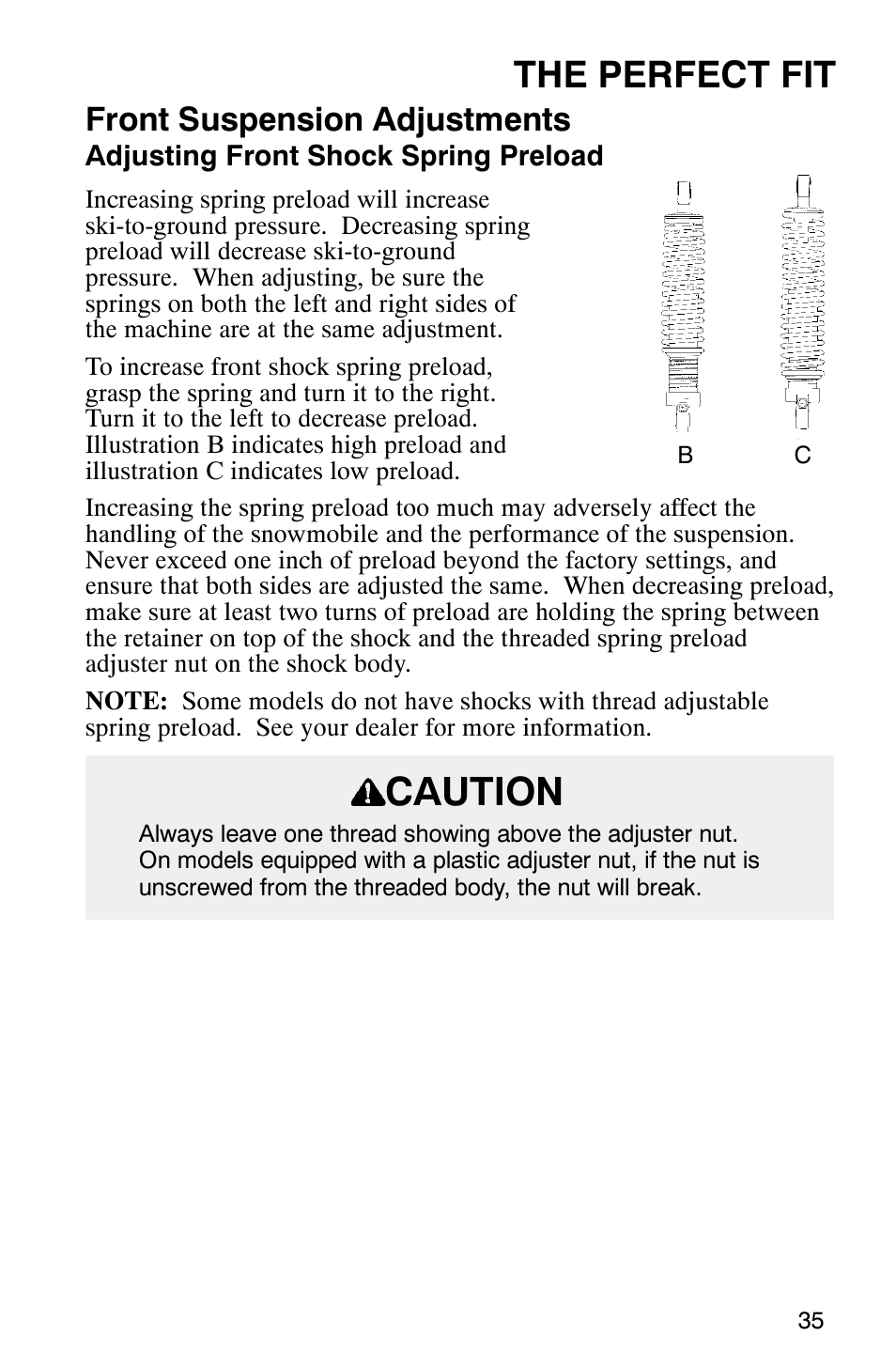 Caution, The perfect fit, Front suspension adjustments | Polaris 340 Edge User Manual | Page 37 / 155