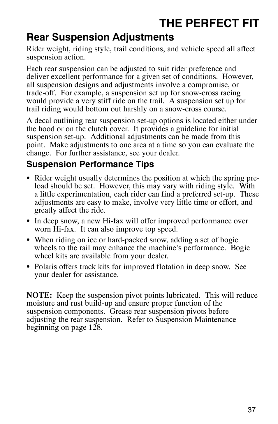 The perfect fit, Rear suspension adjustments | Polaris 340 Edge User Manual | Page 39 / 155