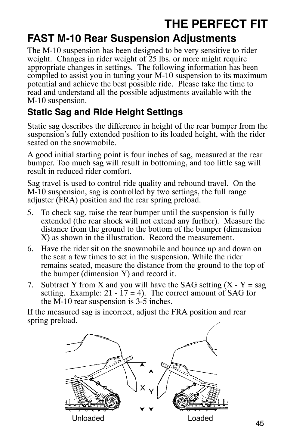 The perfect fit, Fast m-10 rear suspension adjustments | Polaris 340 Edge User Manual | Page 47 / 155