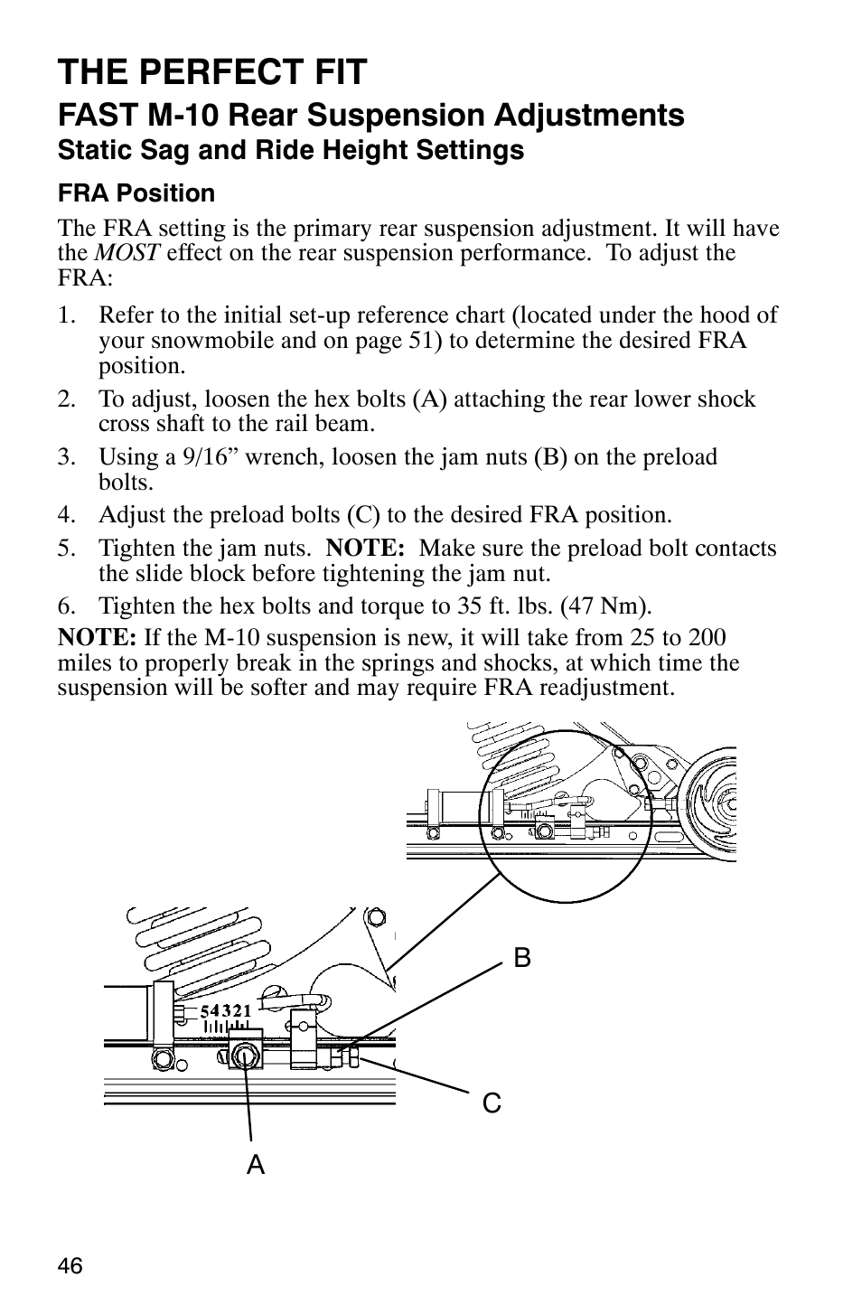 The perfect fit, Fast m-10 rear suspension adjustments | Polaris 340 Edge User Manual | Page 48 / 155