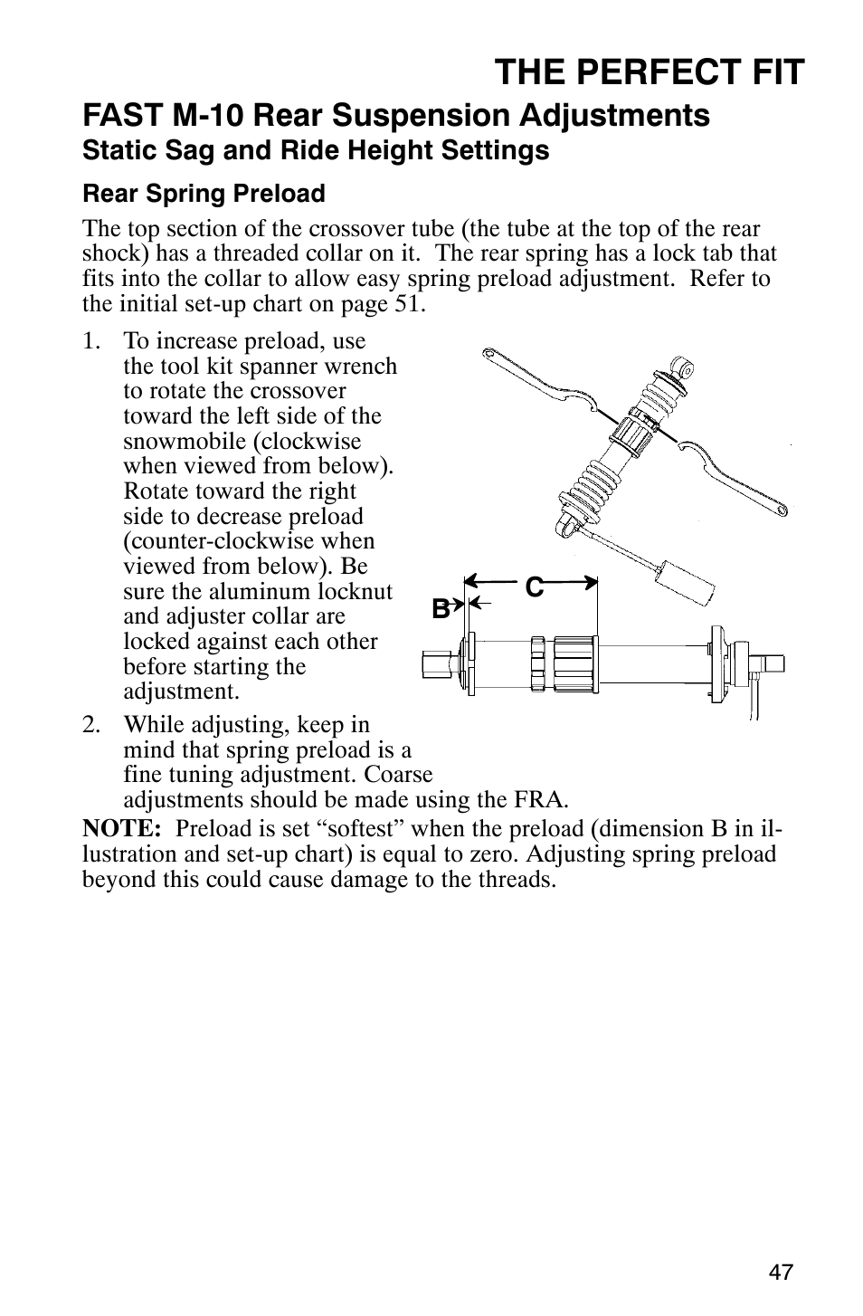 The perfect fit, Fast m-10 rear suspension adjustments | Polaris 340 Edge User Manual | Page 49 / 155