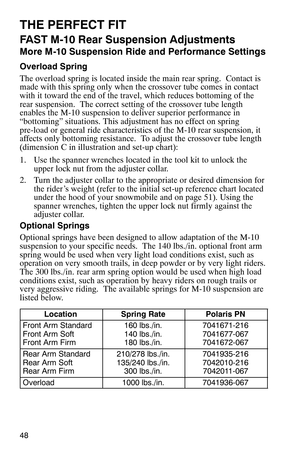 The perfect fit, Fast m-10 rear suspension adjustments, More m-10 suspension ride and performance settings | Polaris 340 Edge User Manual | Page 50 / 155