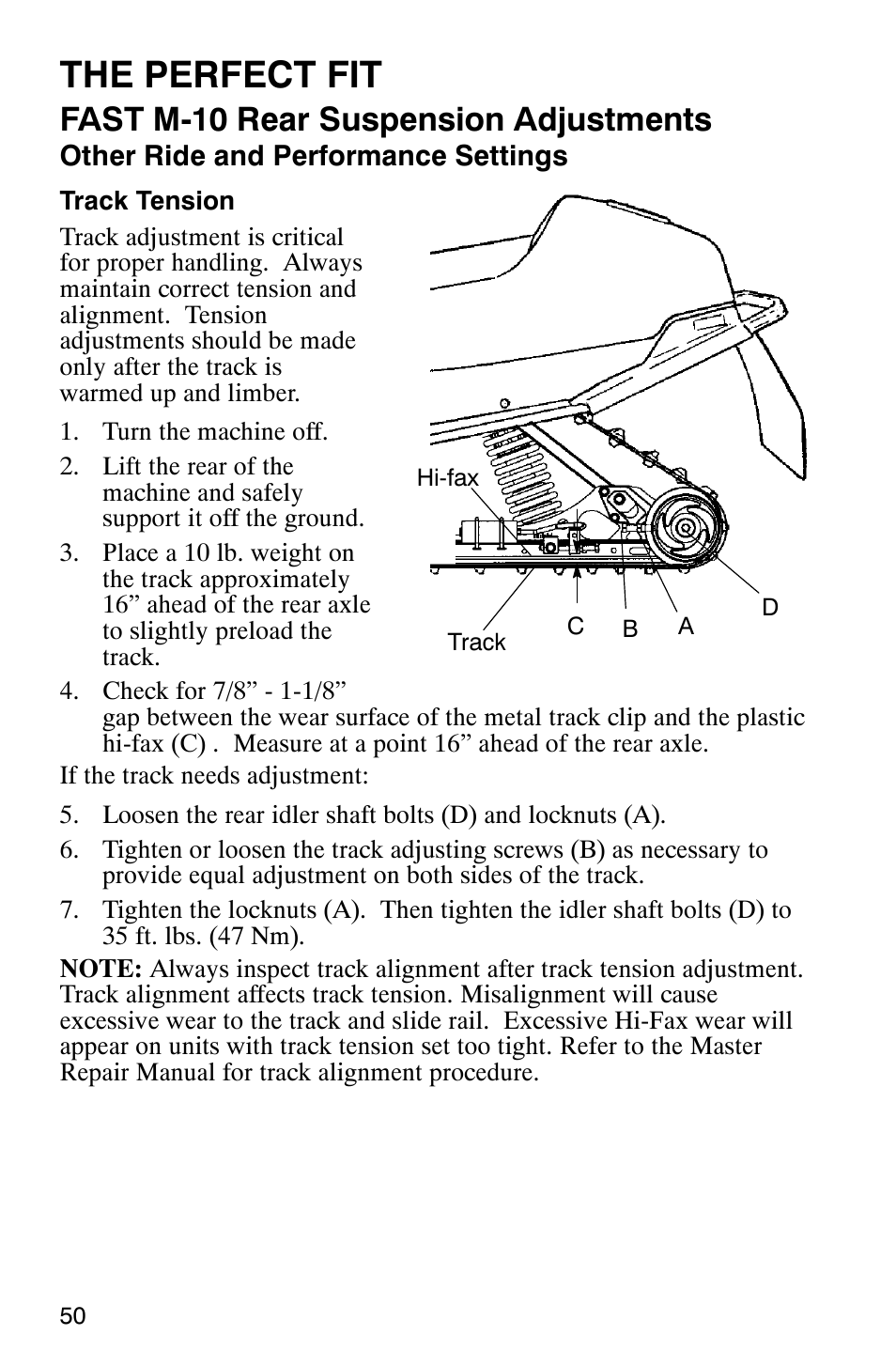 The perfect fit, Fast m-10 rear suspension adjustments | Polaris 340 Edge User Manual | Page 52 / 155