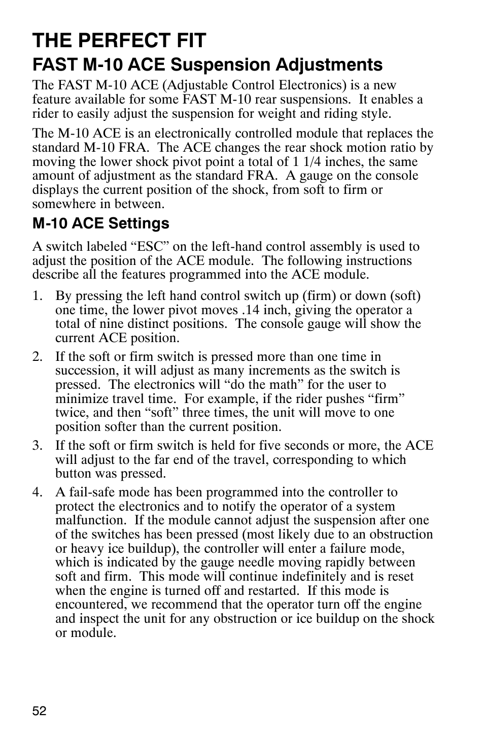 The perfect fit, Fast m-10 ace suspension adjustments | Polaris 340 Edge User Manual | Page 54 / 155