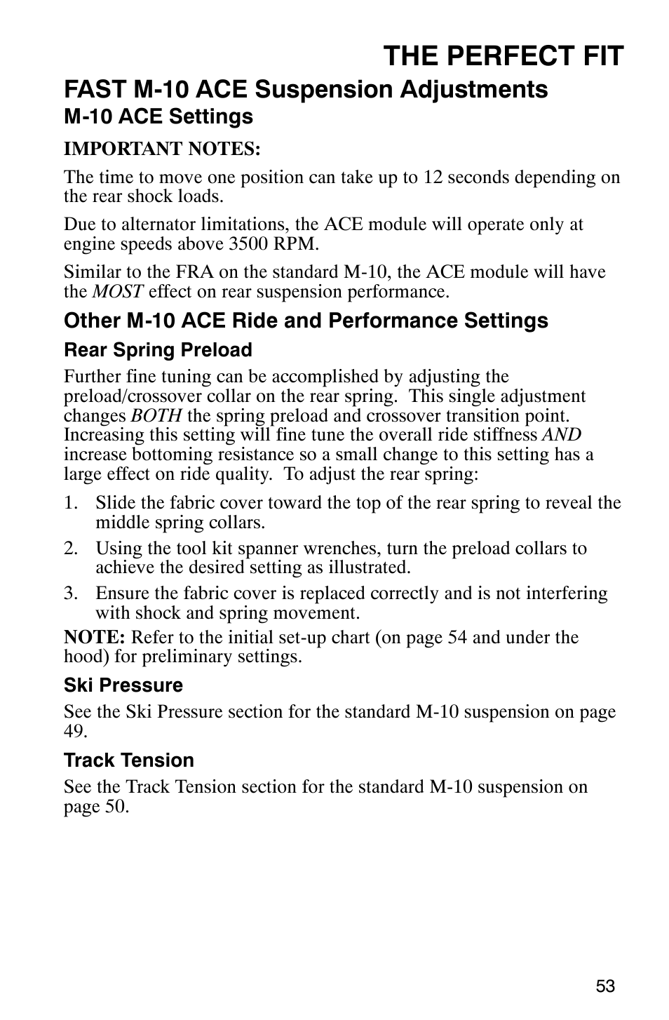 The perfect fit, Fast m-10 ace suspension adjustments | Polaris 340 Edge User Manual | Page 55 / 155