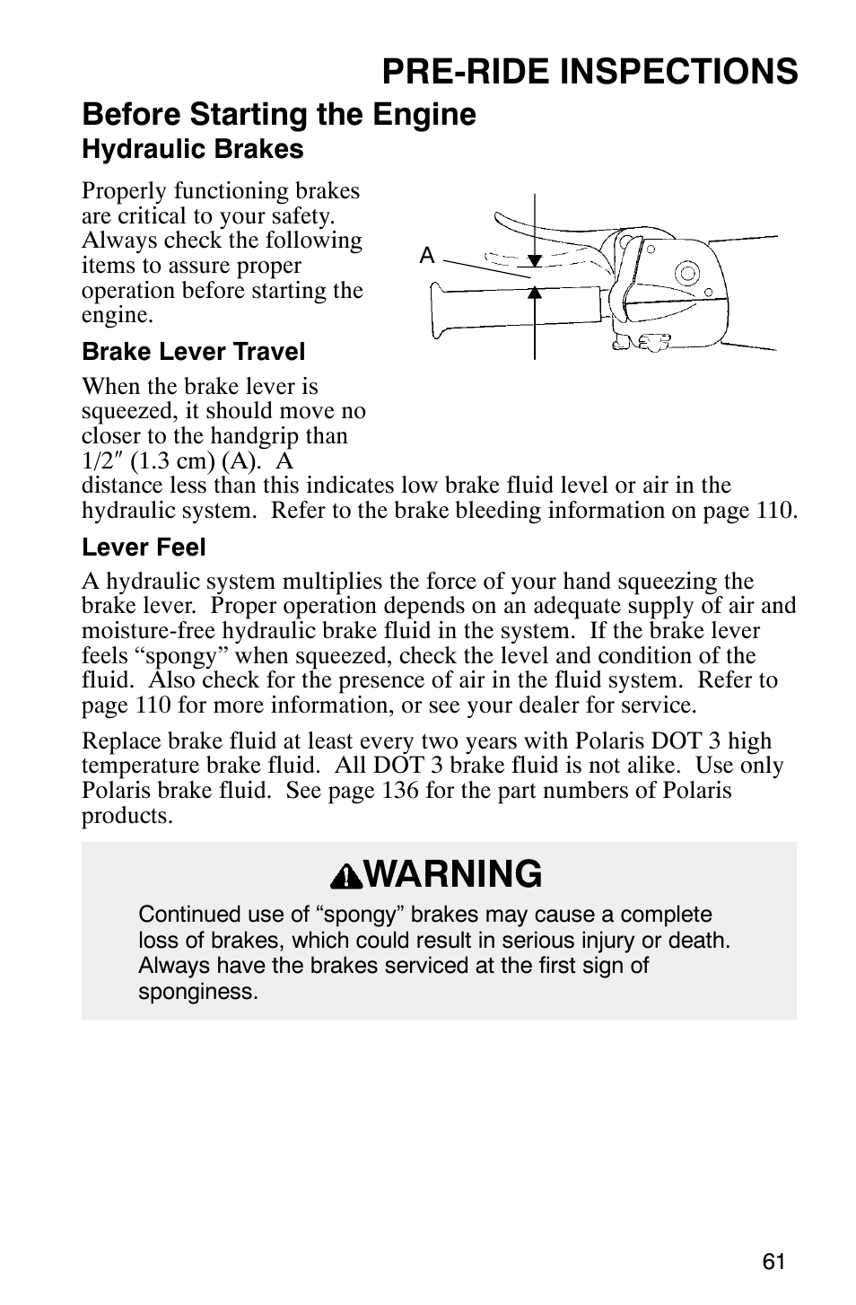 Warning, Pre-ride inspections, Before starting the engine | Polaris 340 Edge User Manual | Page 63 / 155