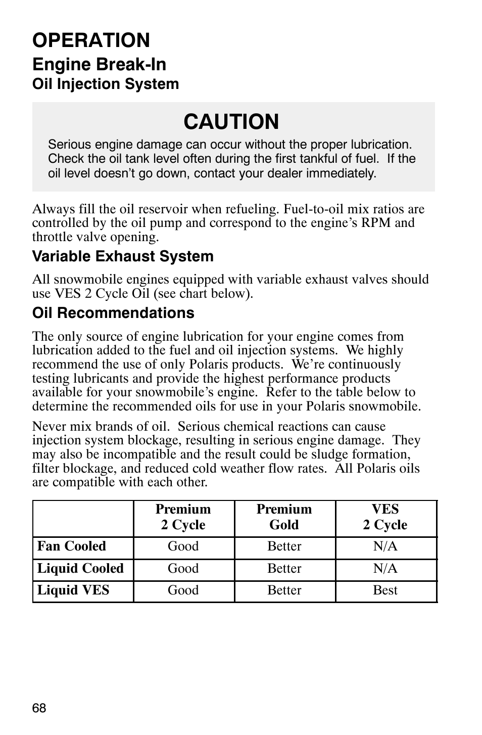 Caution, Operation, Engine break-in | Polaris 340 Edge User Manual | Page 70 / 155