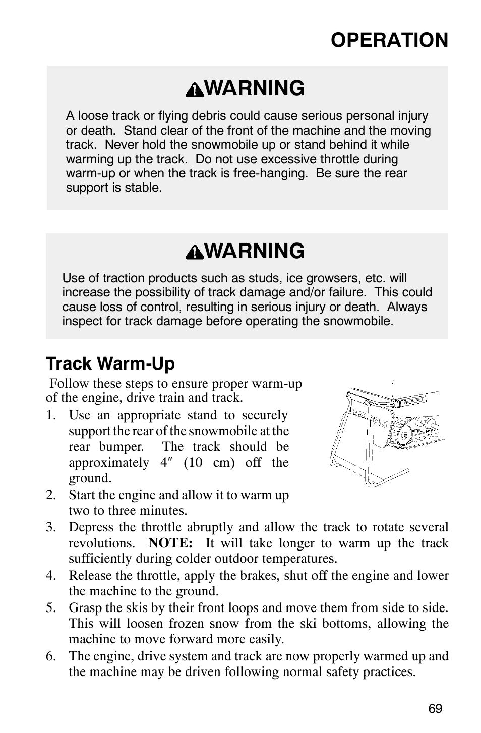 Warning, Operation, Track warm-up | Polaris 340 Edge User Manual | Page 71 / 155