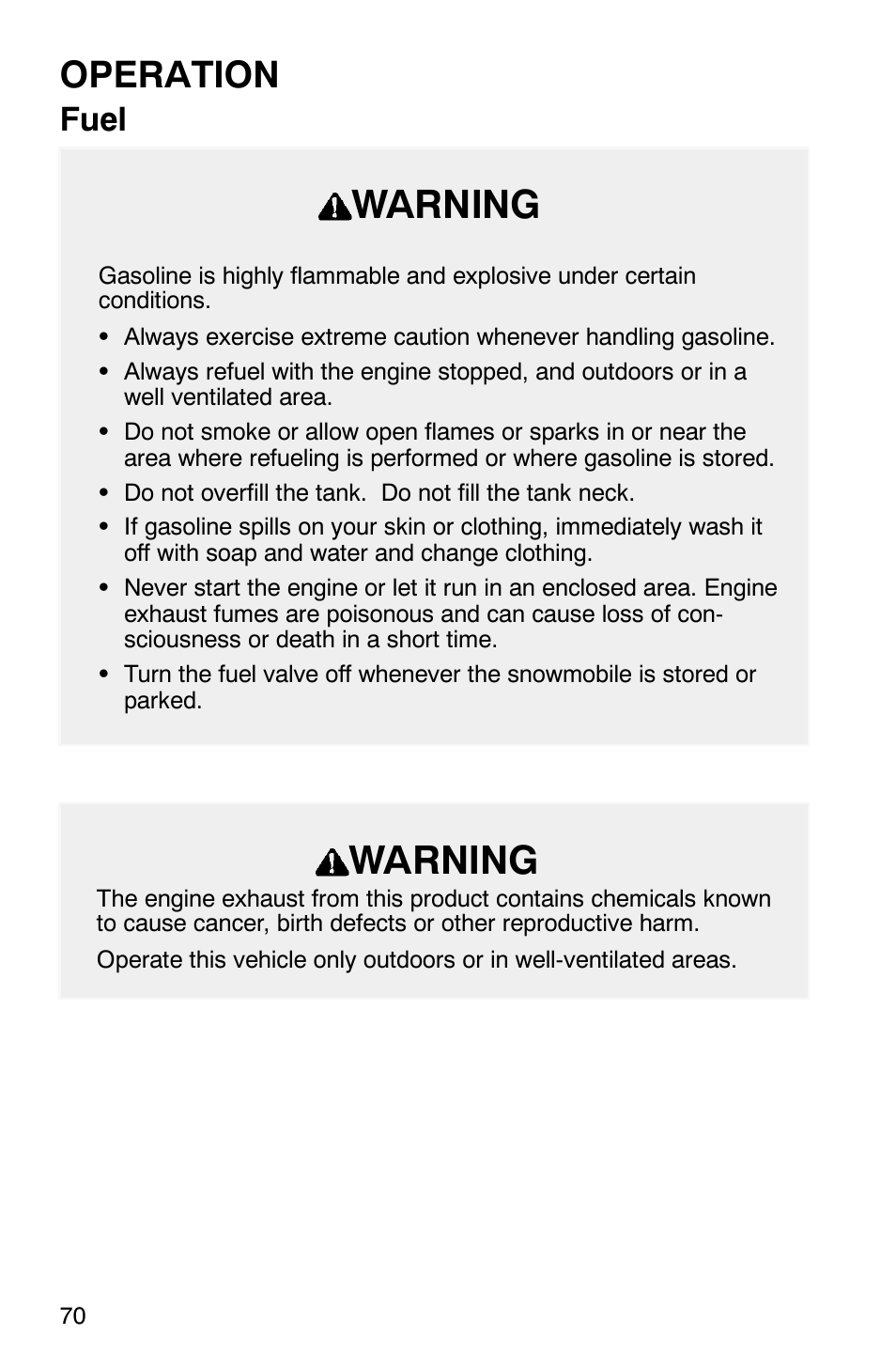 Warning, Operation, Fuel | Polaris 340 Edge User Manual | Page 72 / 155