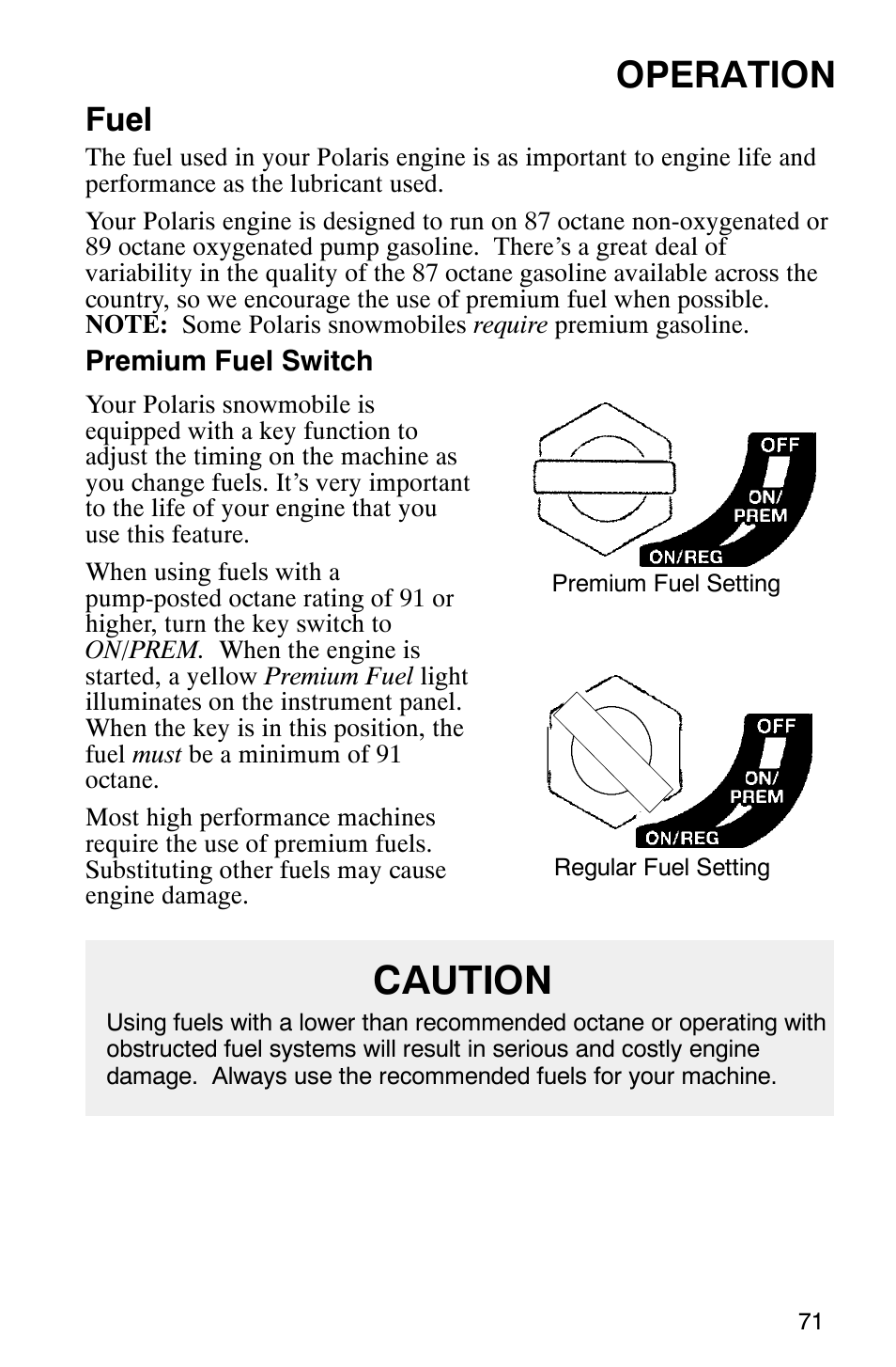 Caution, Operation, Fuel | Polaris 340 Edge User Manual | Page 73 / 155