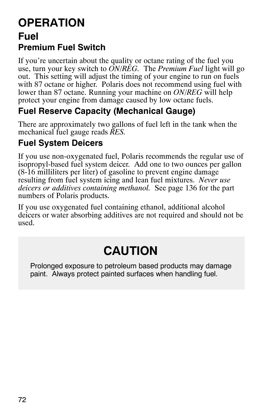 Caution, Operation, Fuel | Polaris 340 Edge User Manual | Page 74 / 155