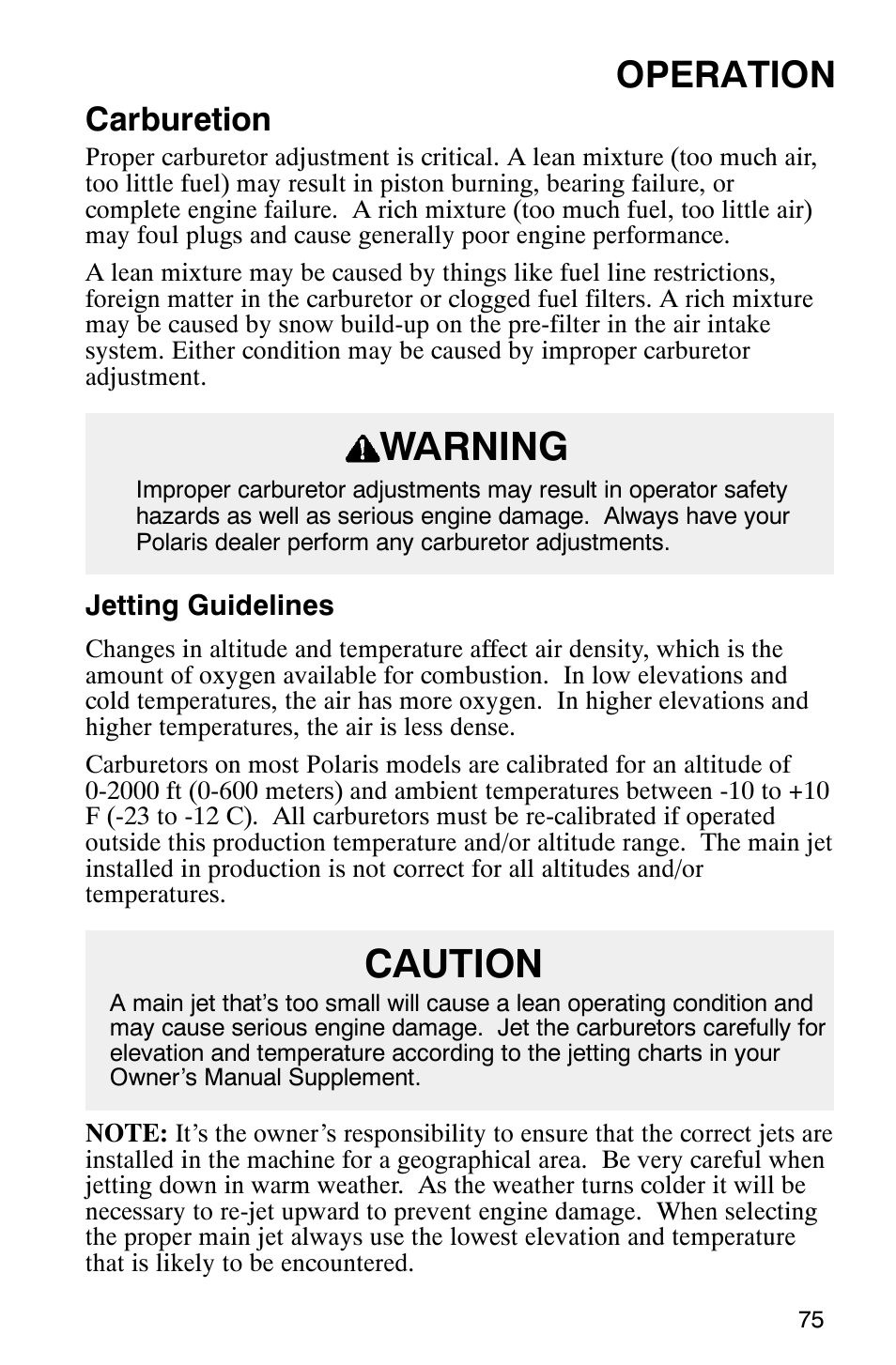 Warning caution, Operation, Carburetion | Polaris 340 Edge User Manual | Page 77 / 155