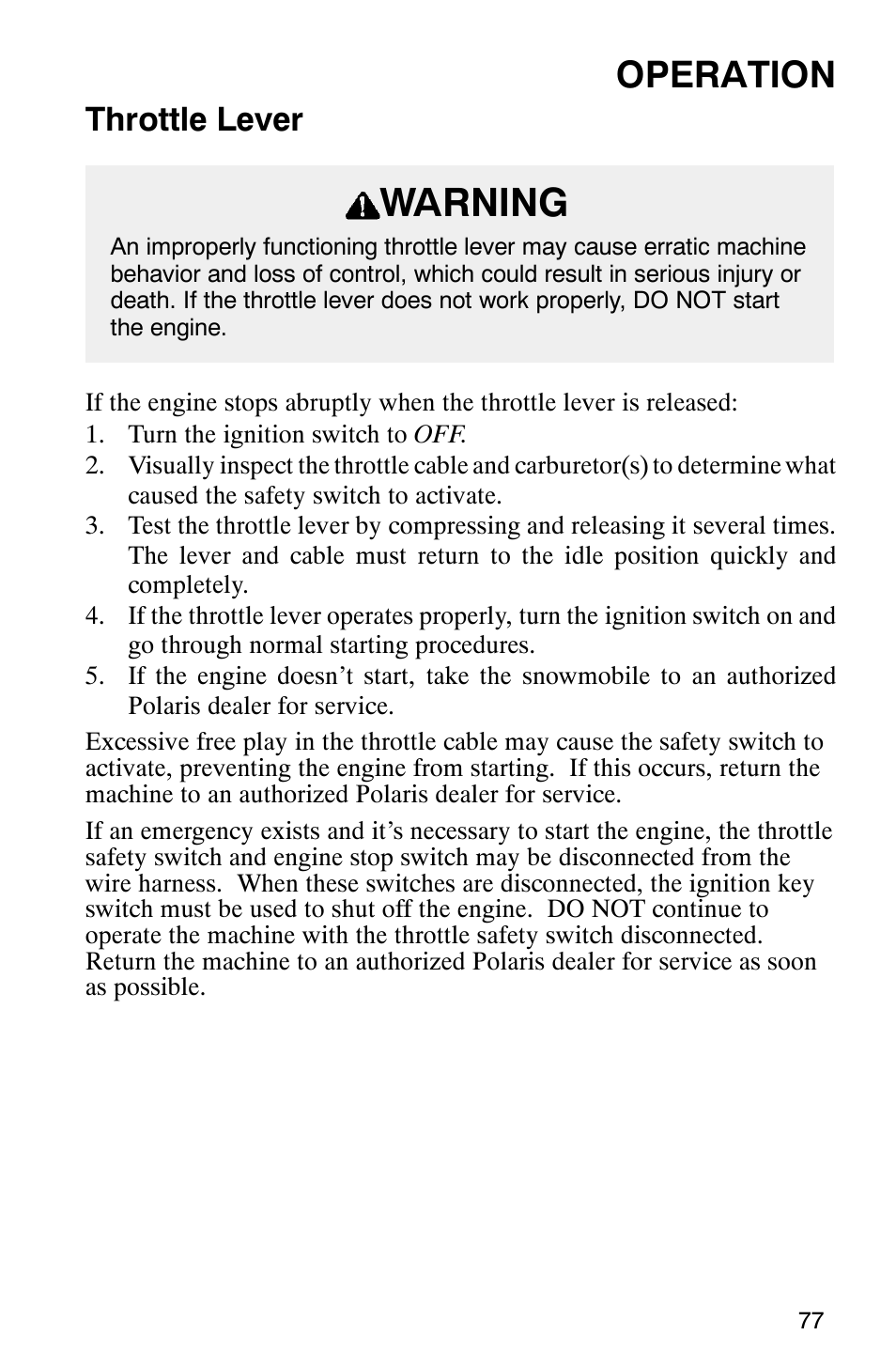 Warning, Operation, Throttle lever | Polaris 340 Edge User Manual | Page 79 / 155