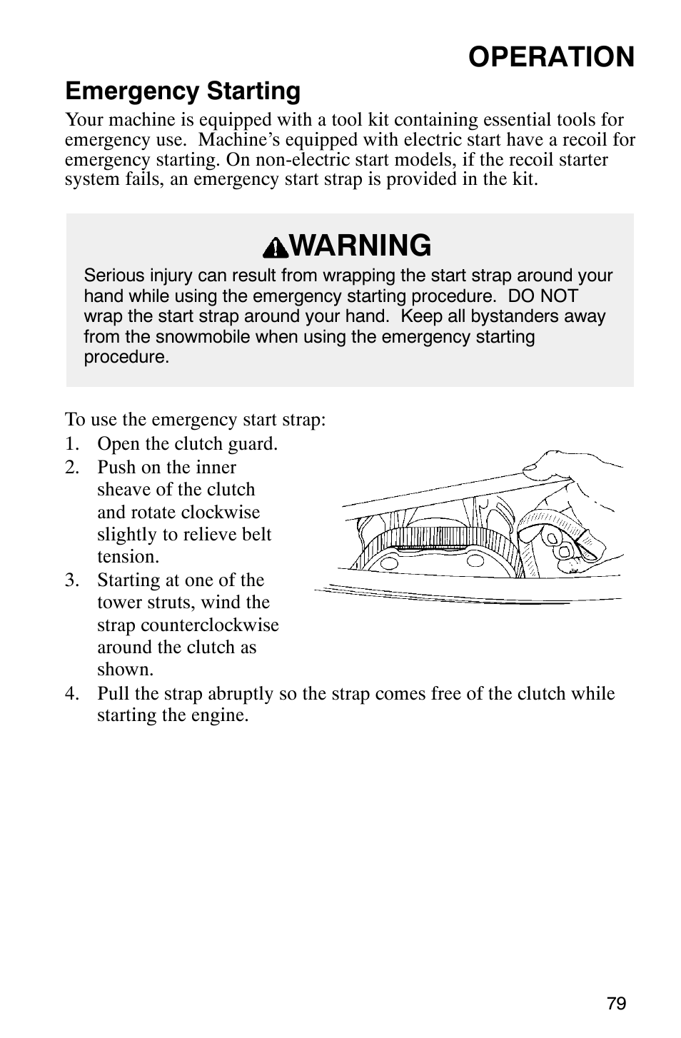 Warning, Operation, Emergency starting | Polaris 340 Edge User Manual | Page 81 / 155