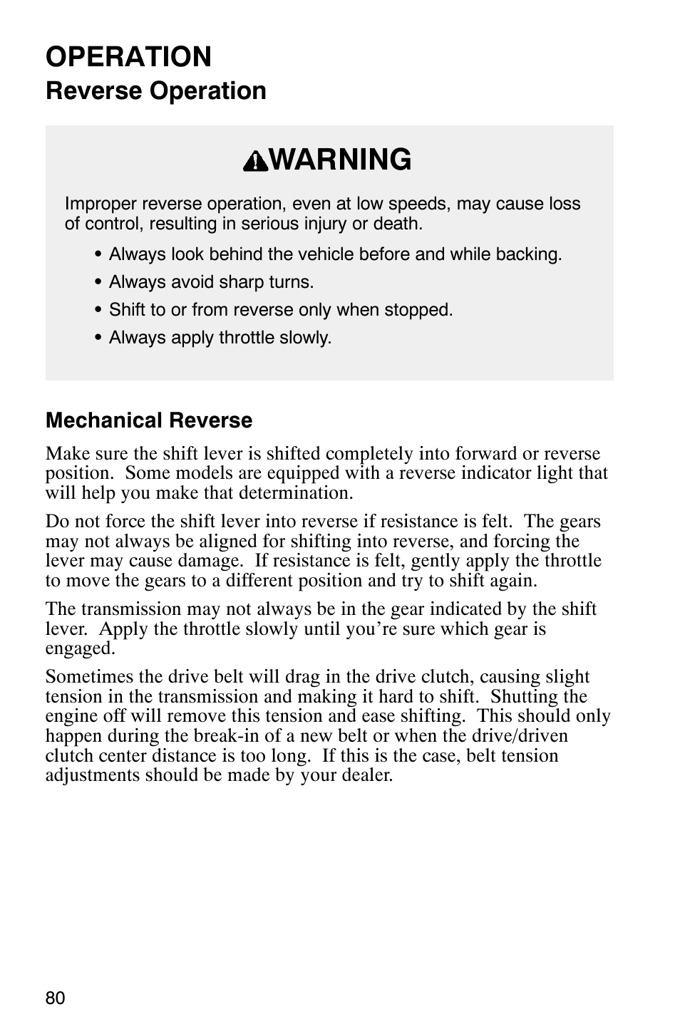 Warning, Operation, Reverse operation | Polaris 340 Edge User Manual | Page 82 / 155