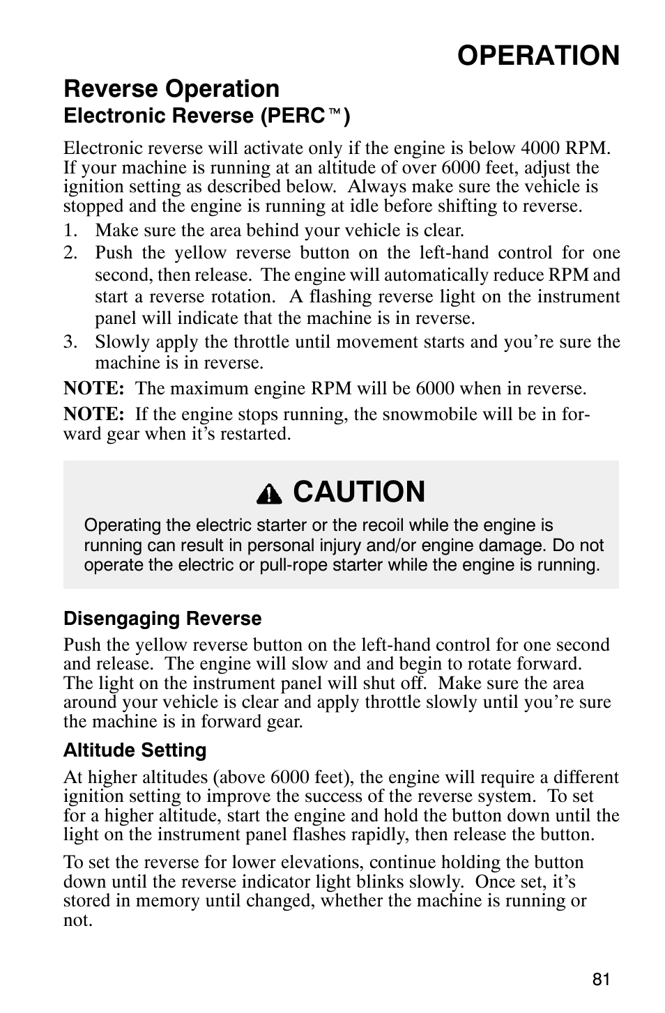 Caution, Operation, Reverse operation | Polaris 340 Edge User Manual | Page 83 / 155