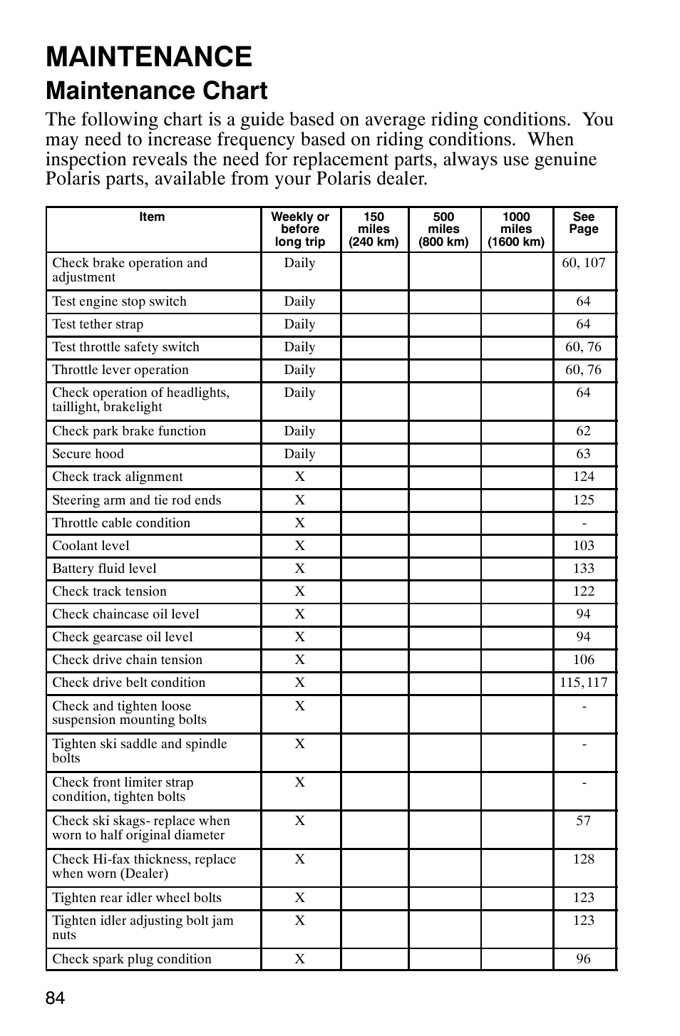 Maintenance, Maintenance chart | Polaris 340 Edge User Manual | Page 86 / 155