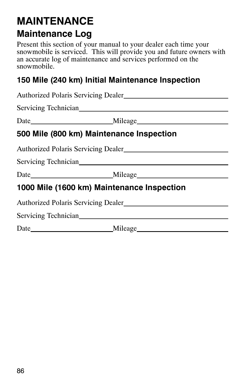 Maintenance, Maintenance log | Polaris 340 Edge User Manual | Page 88 / 155