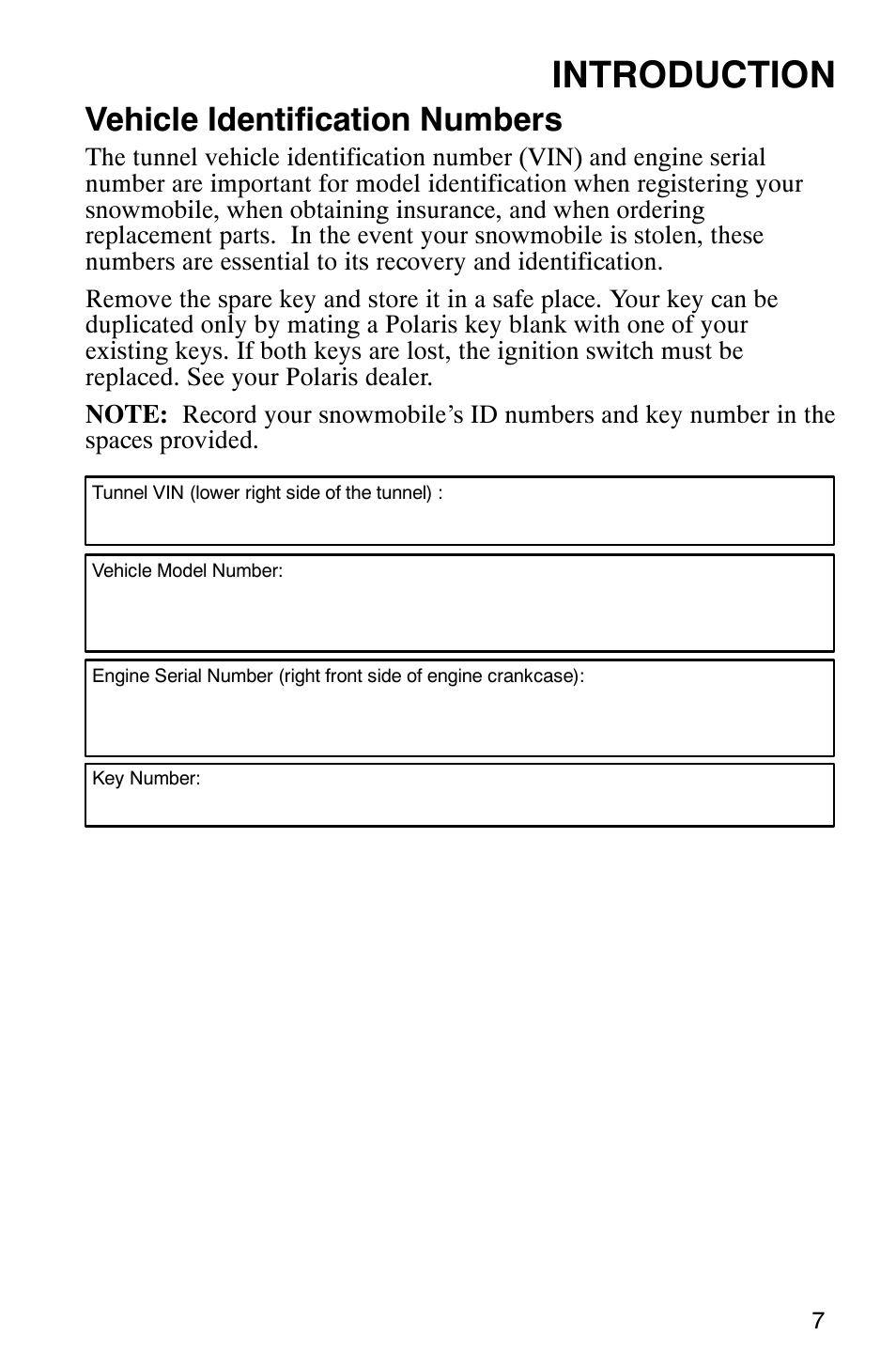 Introduction, Vehicle identification numbers | Polaris 340 Edge User Manual | Page 9 / 155