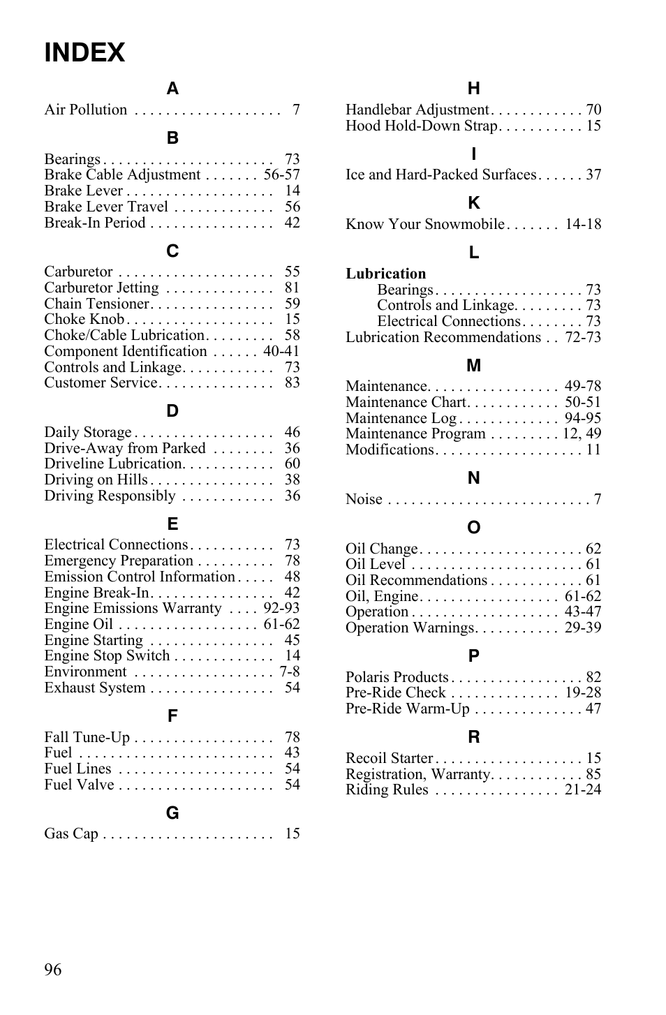 Index | Polaris 120 Dragon User Manual | Page 100 / 101