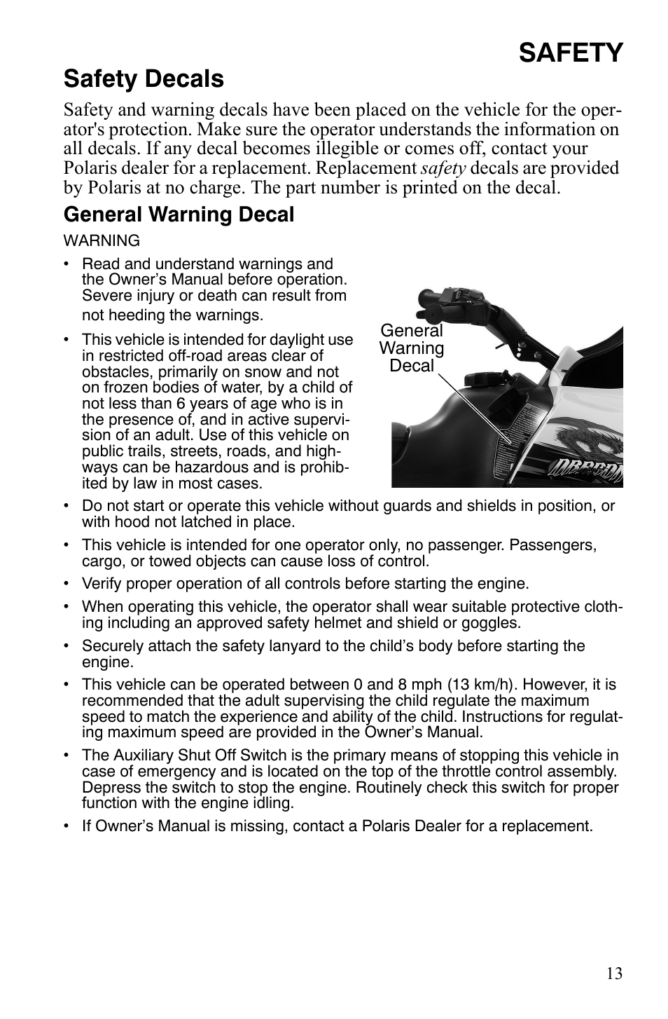 Safety, Safety decals, General warning decal | Polaris 120 Dragon User Manual | Page 17 / 101