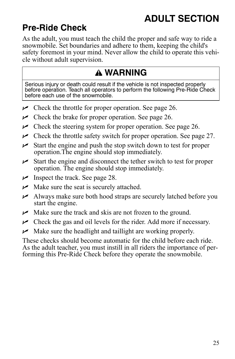 Pre-ride check, Warning | Polaris 120 Dragon User Manual | Page 29 / 101