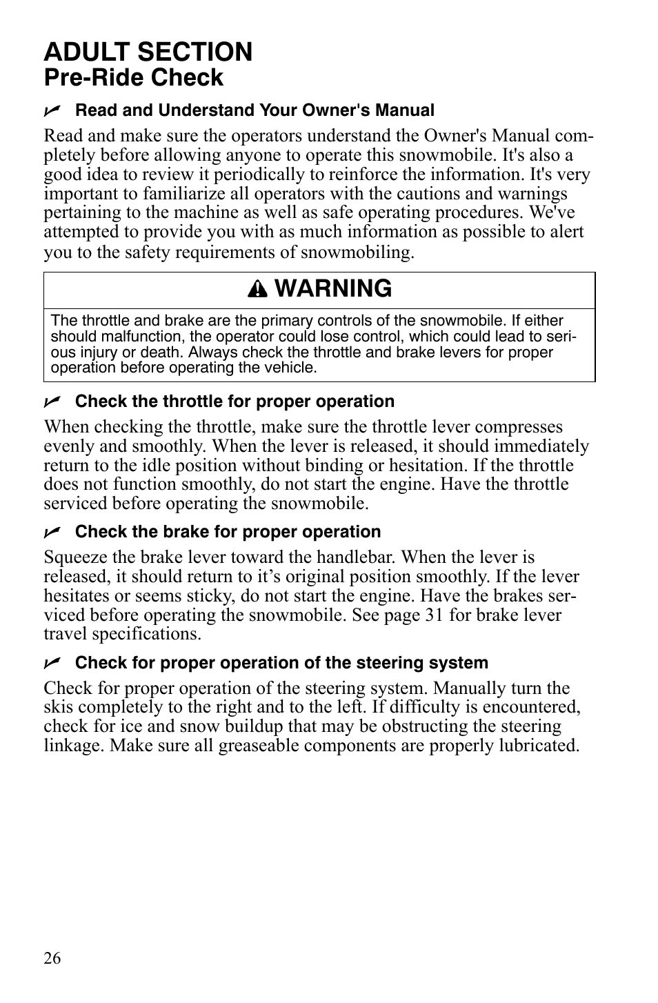 Pre-ride check, Warning | Polaris 120 Dragon User Manual | Page 30 / 101