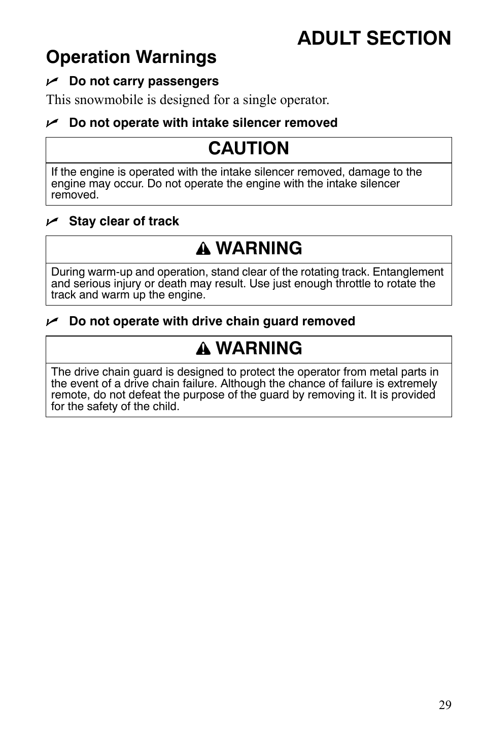 Operation warnings, Caution, Warning | Polaris 120 Dragon User Manual | Page 33 / 101