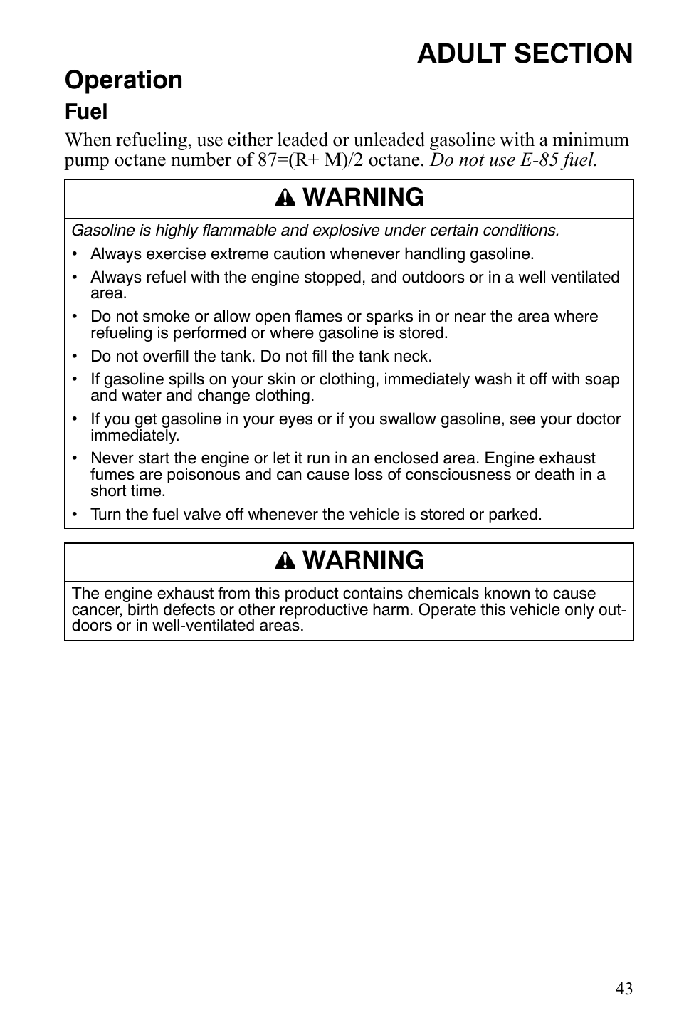 Operation, Warning, Fuel | Polaris 120 Dragon User Manual | Page 47 / 101