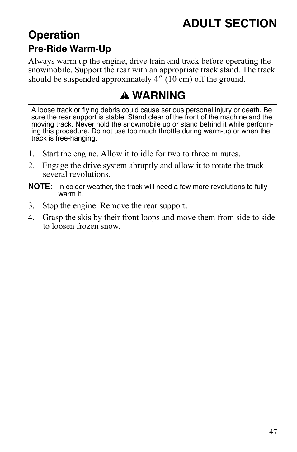 Operation, Warning, Pre-ride warm-up | Polaris 120 Dragon User Manual | Page 51 / 101