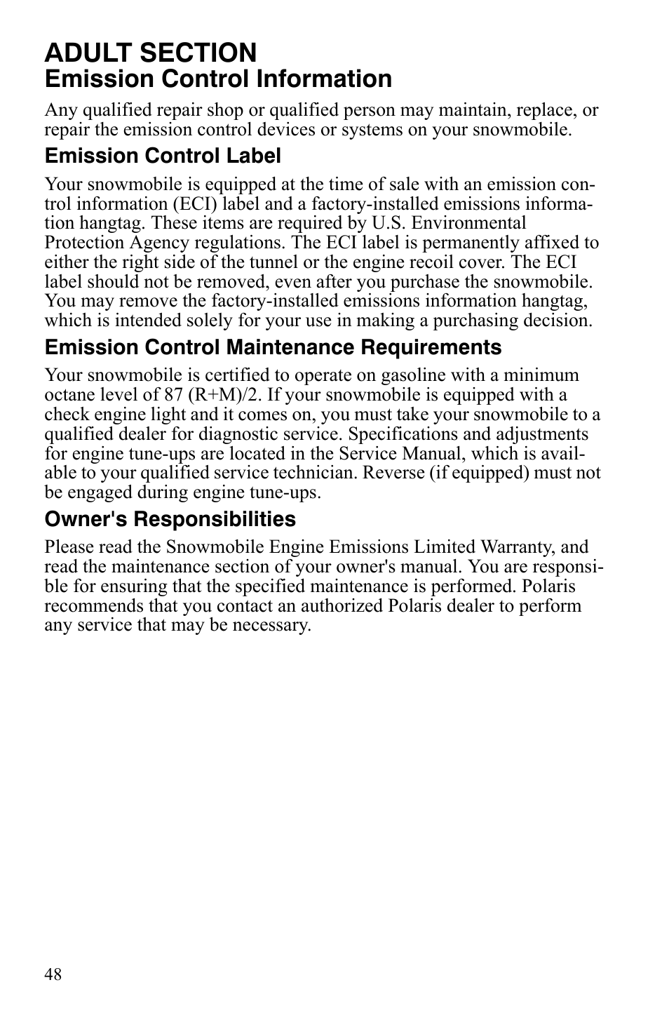 Emission control information | Polaris 120 Dragon User Manual | Page 52 / 101