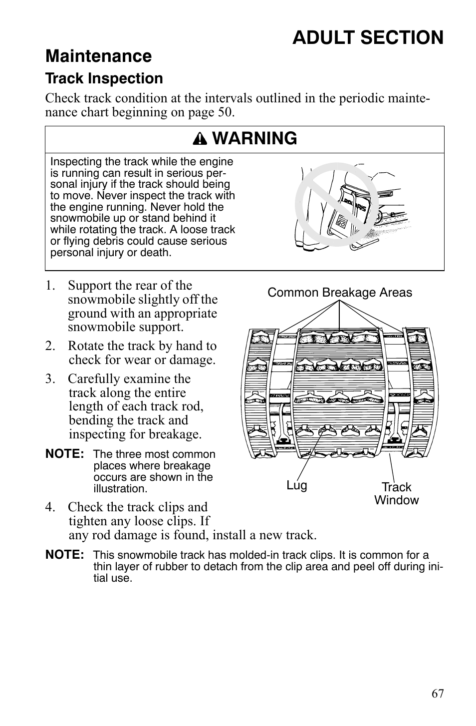 Maintenance, Warning, Track inspection | Polaris 120 Dragon User Manual | Page 71 / 101