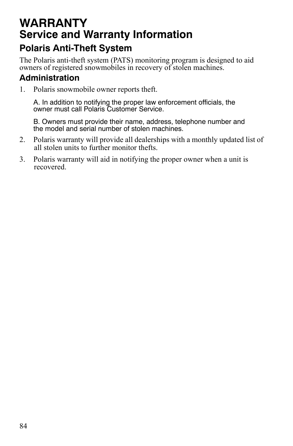 Warranty, Service and warranty information, Polaris anti-theft system | Polaris 120 Dragon User Manual | Page 88 / 101